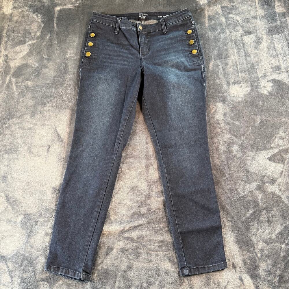 Crown & Ivy Women's 10P Petite Dark Wash Skinny Stretch Jeans Gold Buttons